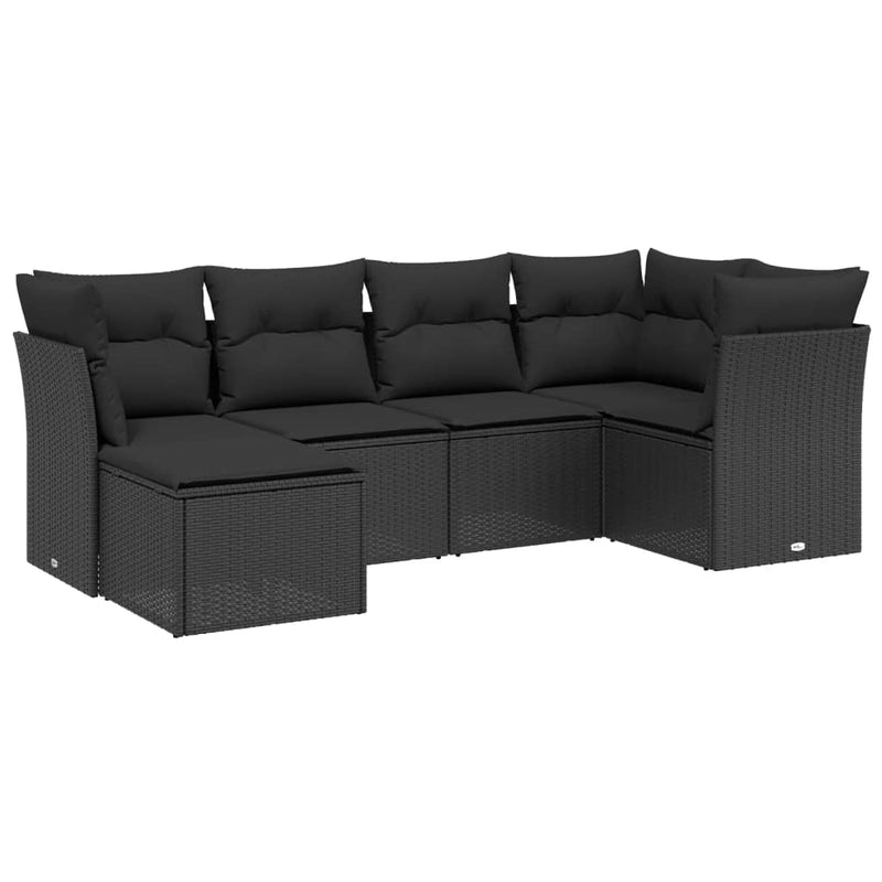 6-delige Loungeset met kussens poly rattan zwart