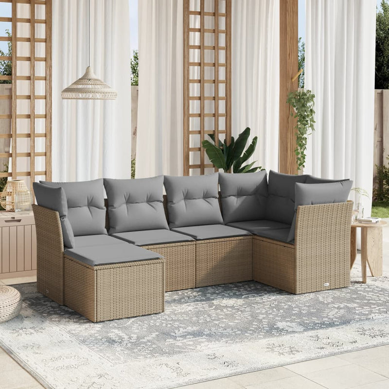 6-delige Loungeset met kussens poly rattan gemengd beige