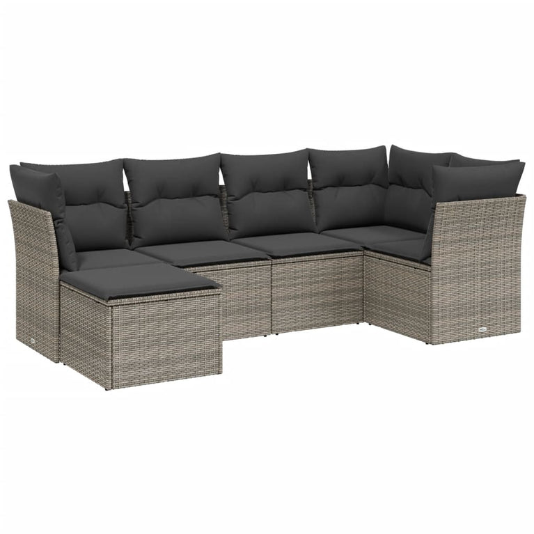 6-delige Loungeset met kussens poly rattan grijs