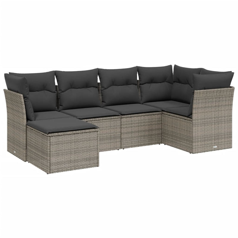 6-delige Loungeset met kussens poly rattan grijs