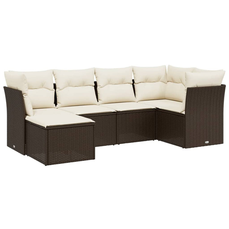 6-delige Loungeset met kussens poly rattan bruin