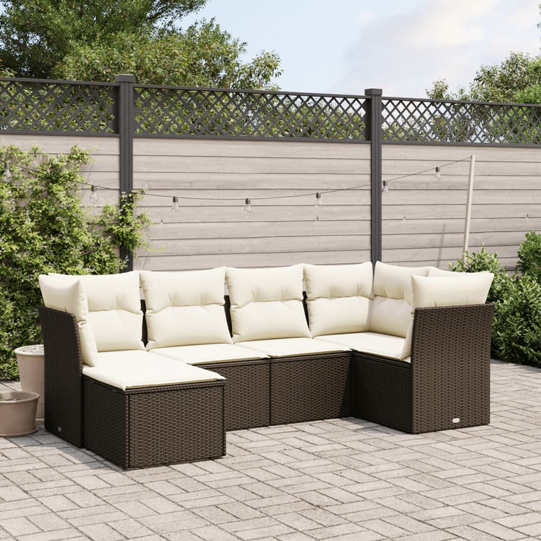 6-delige Loungeset met kussens poly rattan bruin