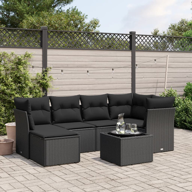 7-delige Loungeset met kussens poly rattan zwart