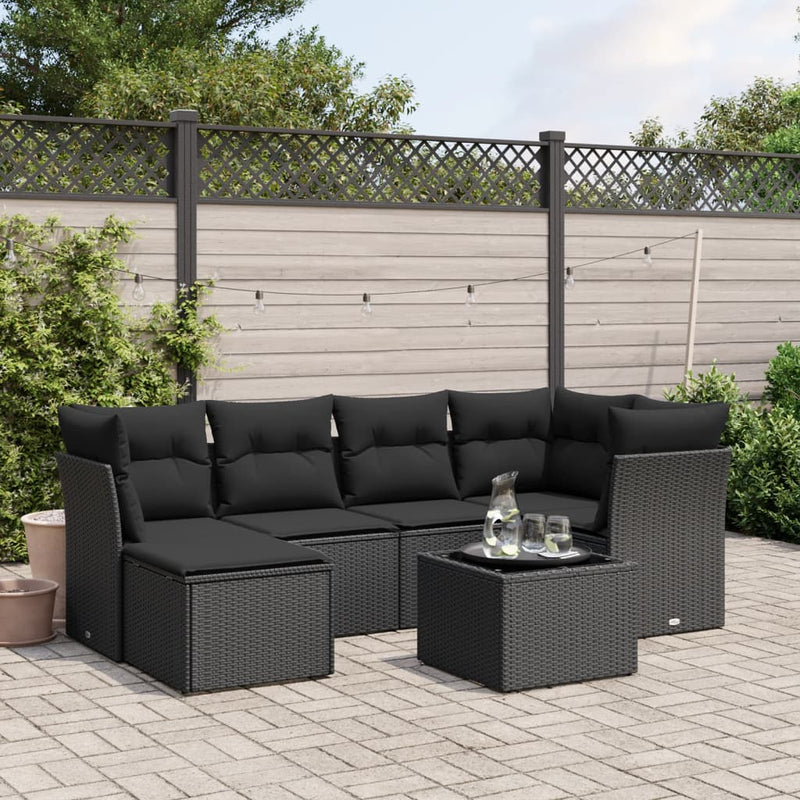 7-delige Loungeset met kussens poly rattan zwart