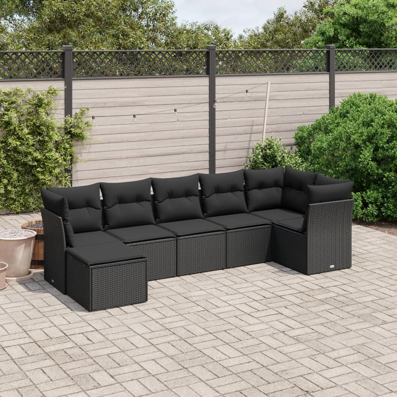 7-delige Loungeset met kussens poly rattan zwart