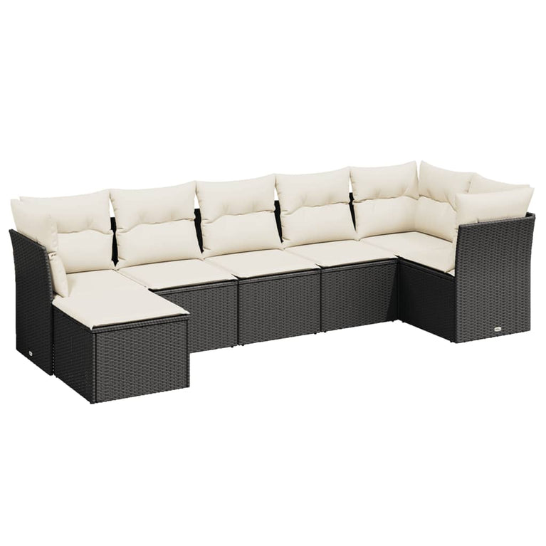 7-delige Loungeset met kussens poly rattan zwart
