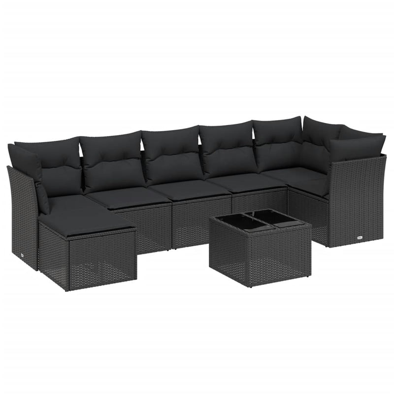 8-delige Loungeset met kussens poly rattan zwart