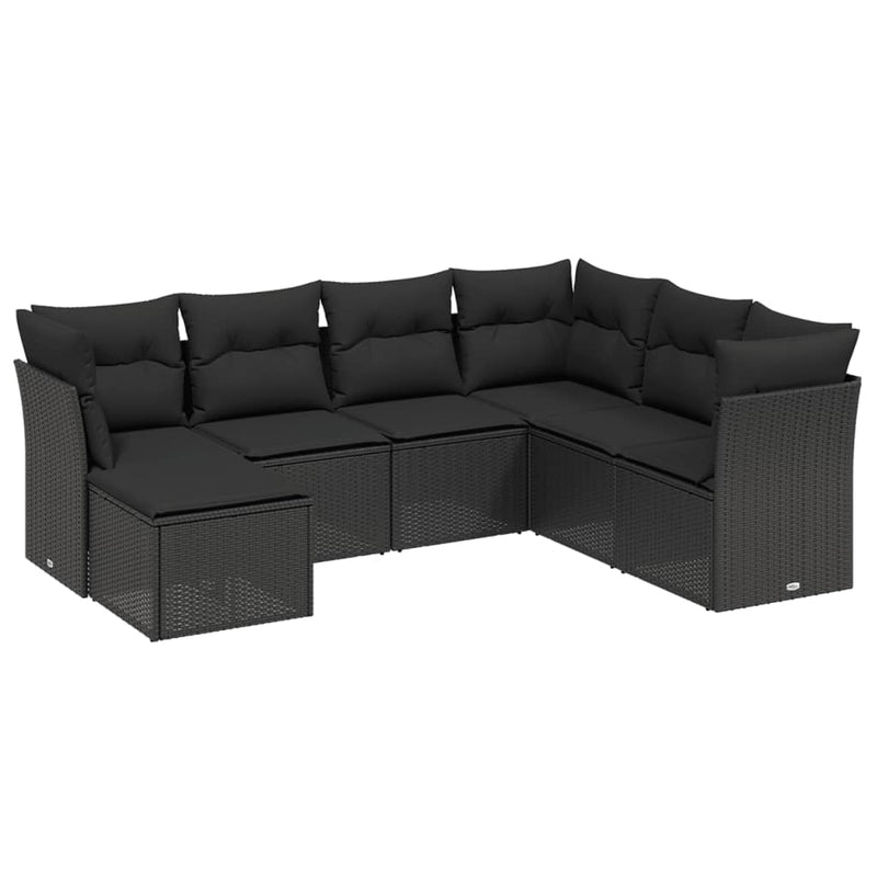 7-delige Loungeset met kussens poly rattan zwart