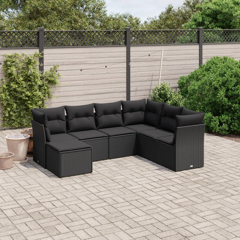 7-delige Loungeset met kussens poly rattan zwart