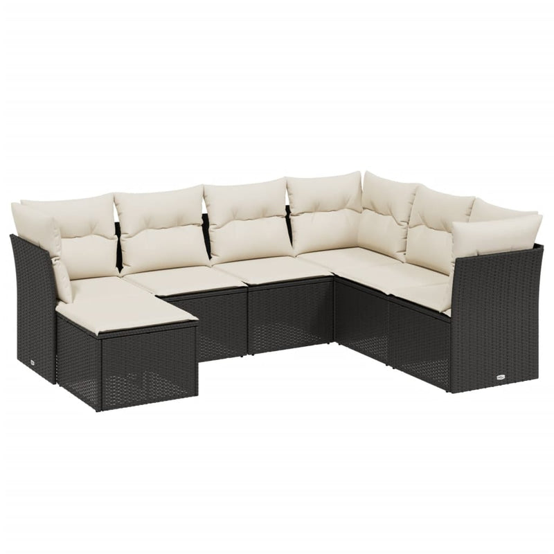 7-delige Loungeset met kussens poly rattan zwart