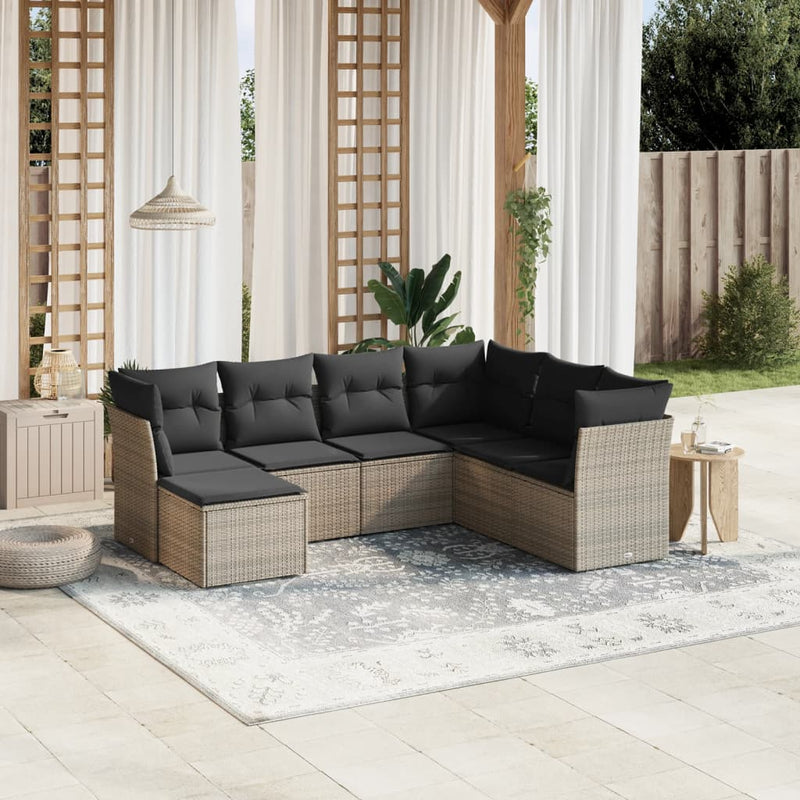 7-delige Loungeset met kussens poly rattan grijs