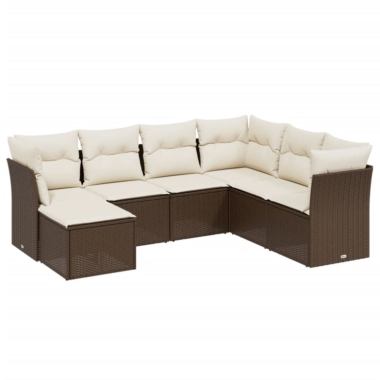 7-delige Loungeset met kussens poly rattan bruin