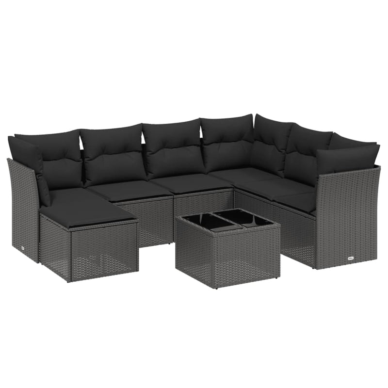 8-delige Loungeset met kussens poly rattan zwart