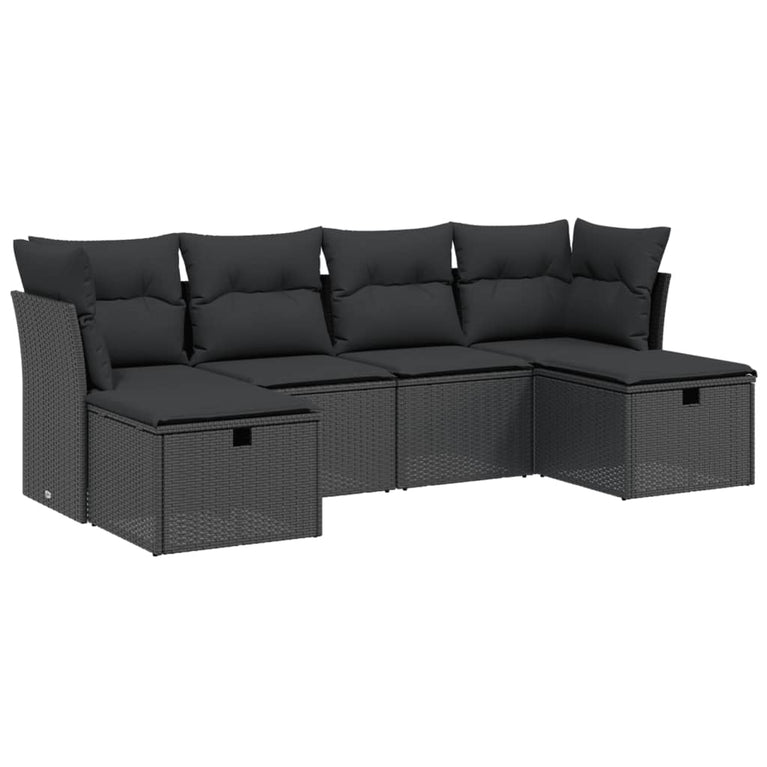 6-delige Loungeset met kussens poly rattan zwart