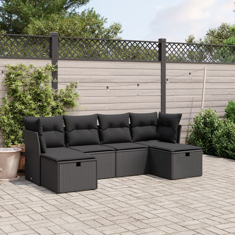 6-delige Loungeset met kussens poly rattan zwart