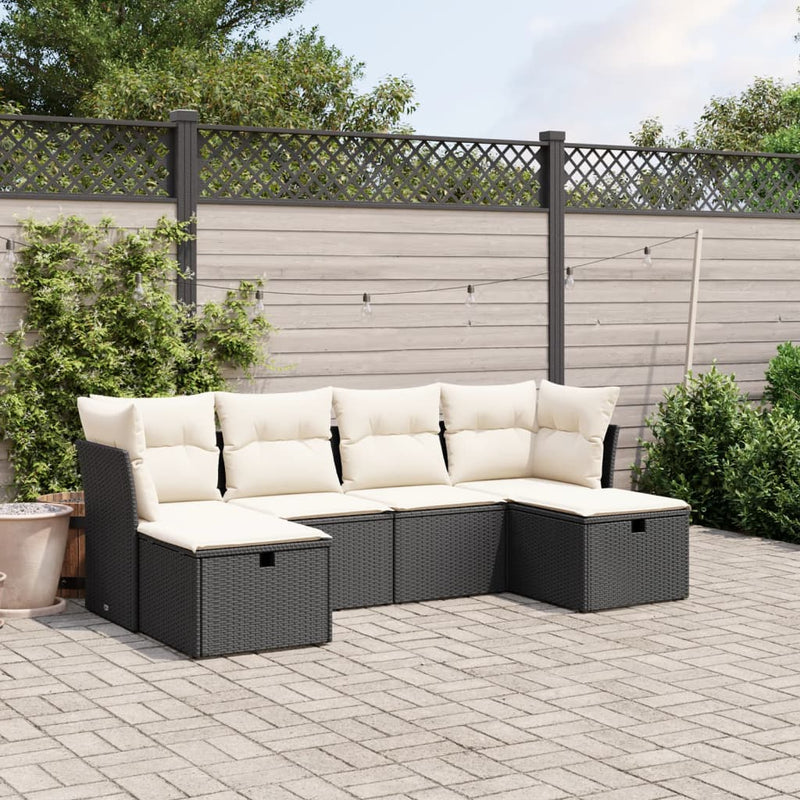 6-delige Loungeset met kussens poly rattan zwart