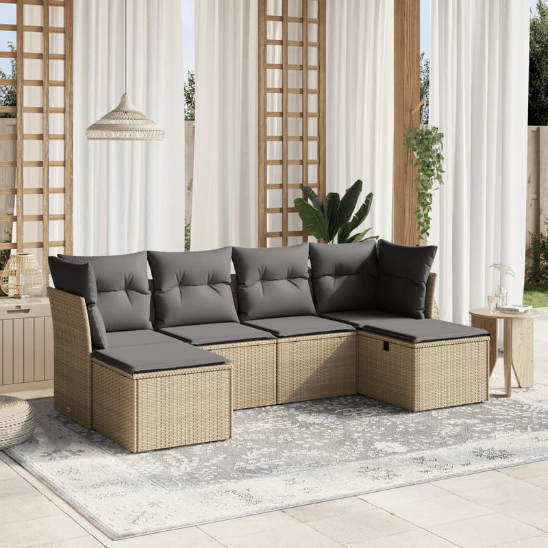 6-delige Loungeset met kussens poly rattan gemengd beige