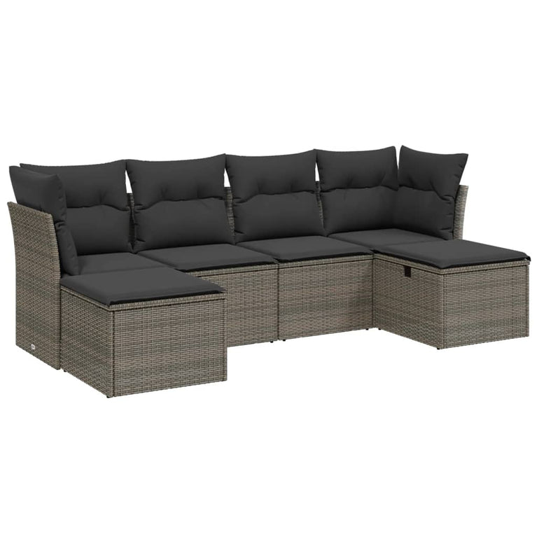 6-delige Loungeset met kussens poly rattan grijs