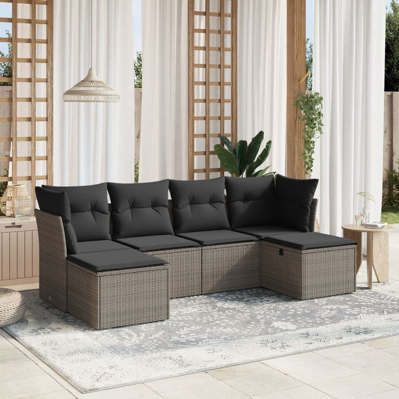 6-delige Loungeset met kussens poly rattan grijs