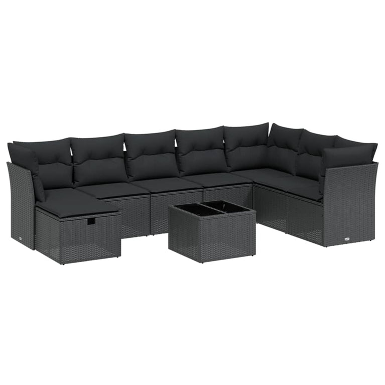 9-delige Loungeset met kussens poly rattan zwart