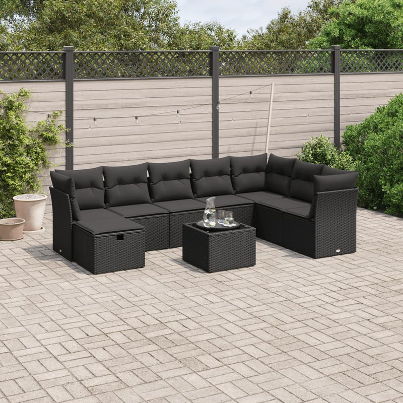 9-delige Loungeset met kussens poly rattan zwart