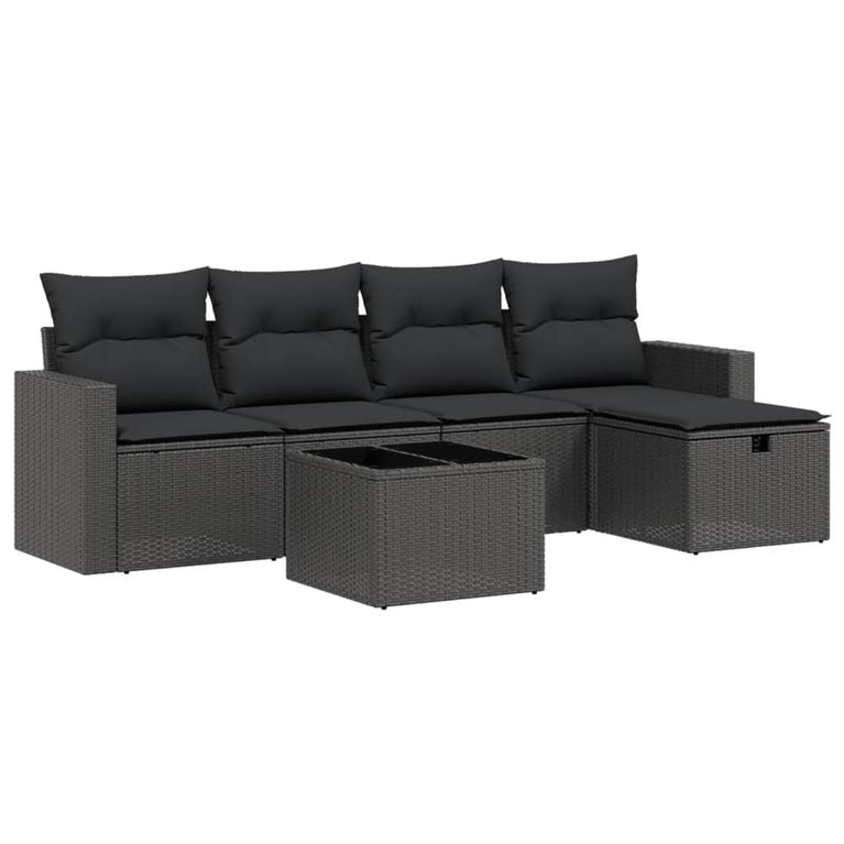 6-delige Loungeset met kussens poly rattan zwart