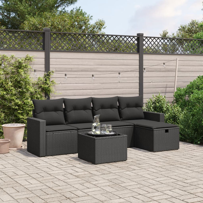 6-delige Loungeset met kussens poly rattan zwart