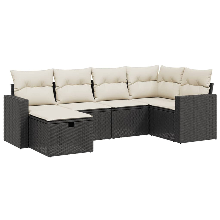 6-delige Loungeset met kussens poly rattan zwart