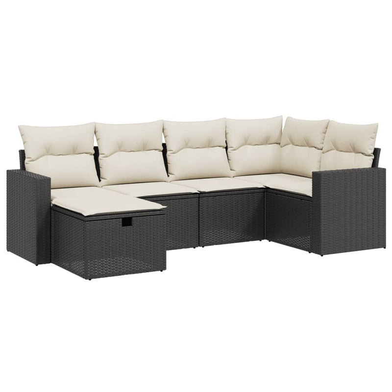 6-delige Loungeset met kussens poly rattan zwart