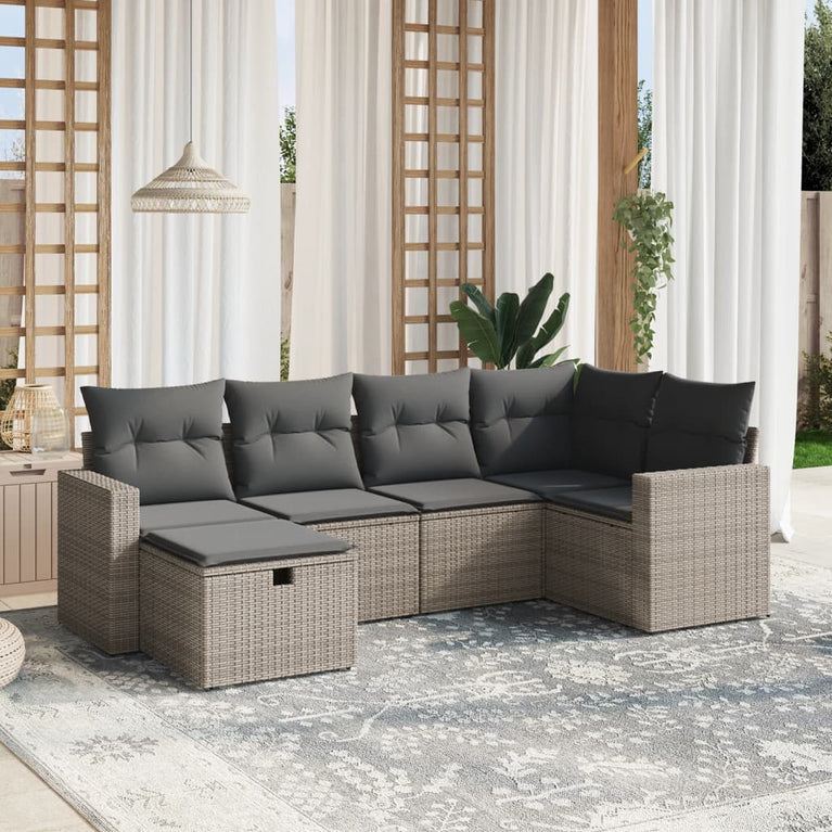 6-delige Loungeset met kussens poly rattan grijs