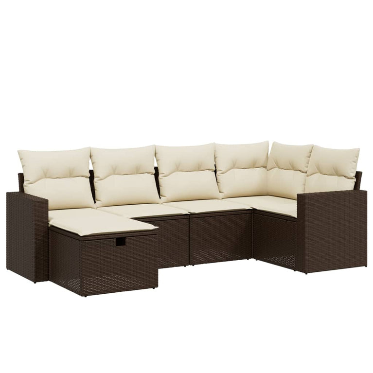 6-delige Loungeset met kussens poly rattan bruin