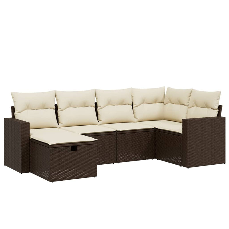 6-delige Loungeset met kussens poly rattan bruin