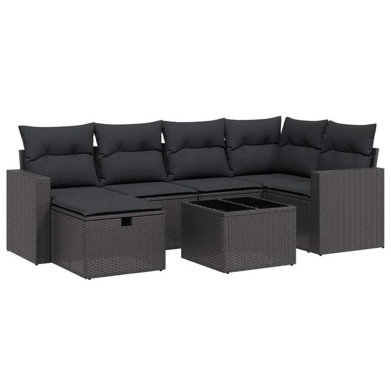 7-delige Loungeset met kussens poly rattan zwart