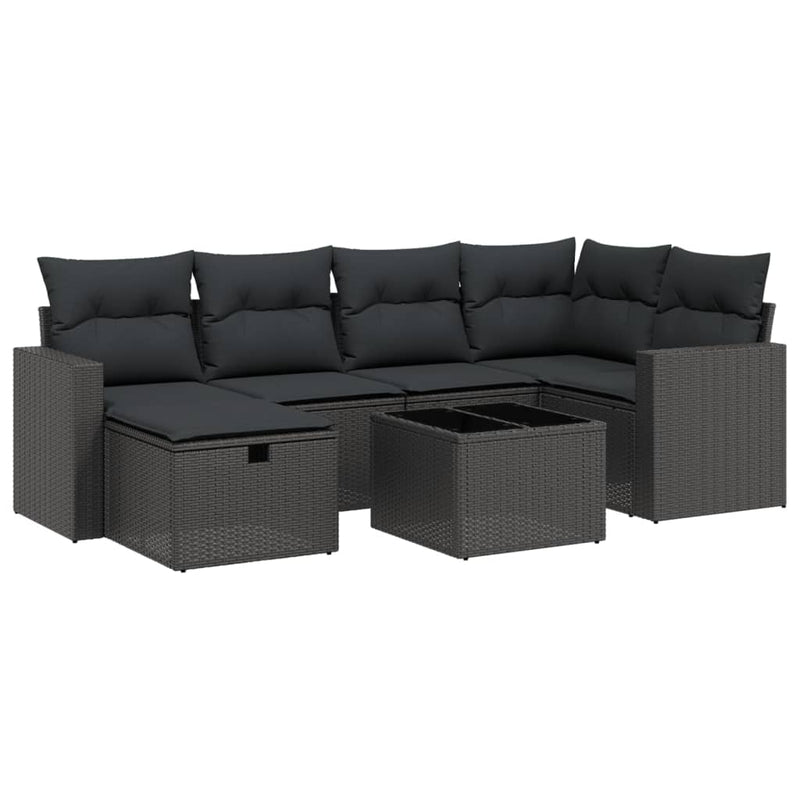 7-delige Loungeset met kussens poly rattan zwart