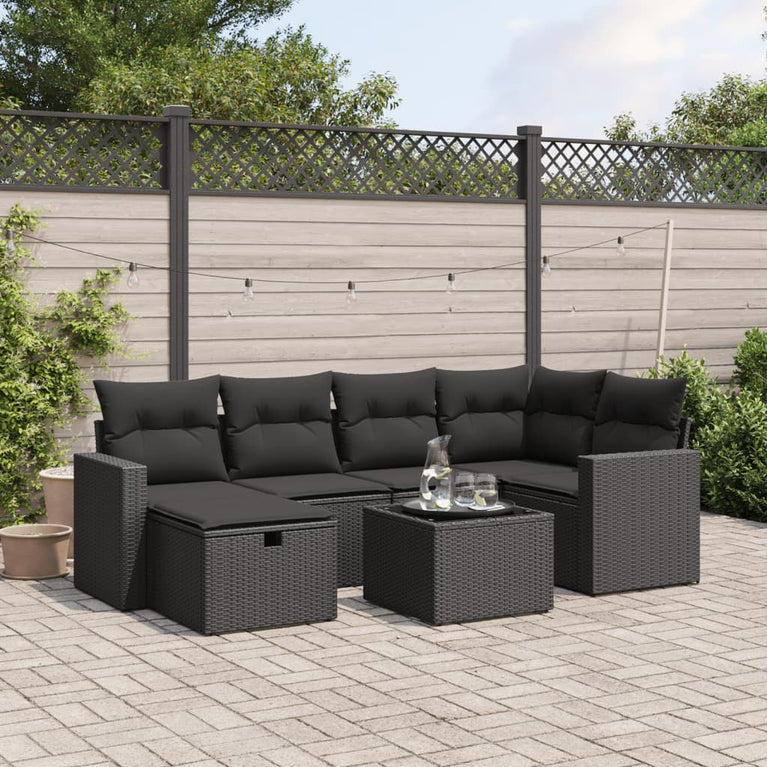 7-delige Loungeset met kussens poly rattan zwart