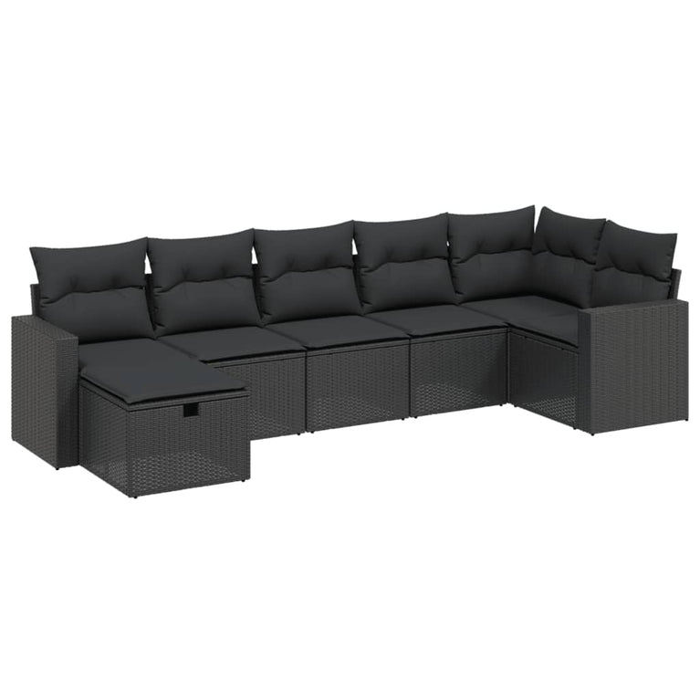 7-delige Loungeset met kussens poly rattan zwart