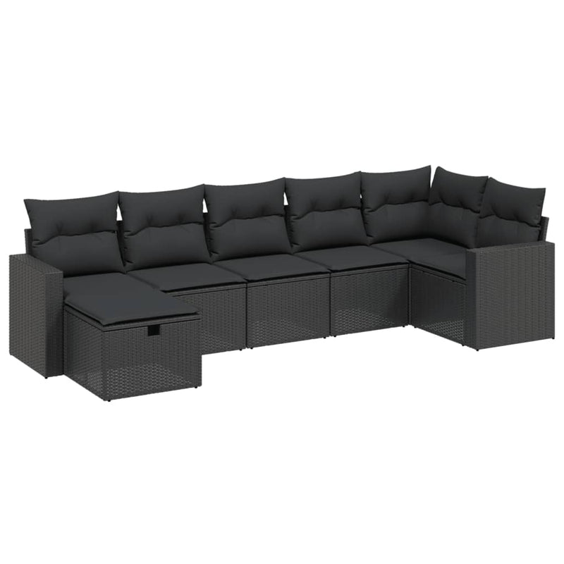 7-delige Loungeset met kussens poly rattan zwart