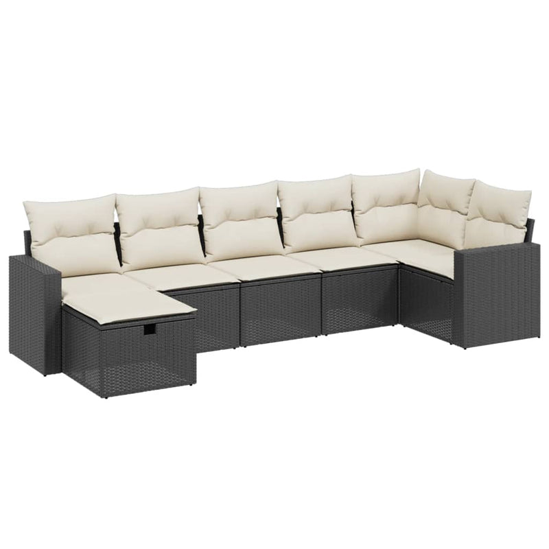 7-delige Loungeset met kussens poly rattan zwart