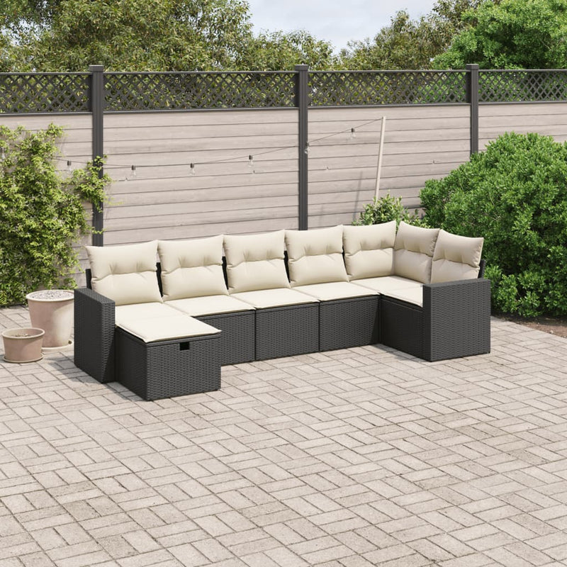 7-delige Loungeset met kussens poly rattan zwart