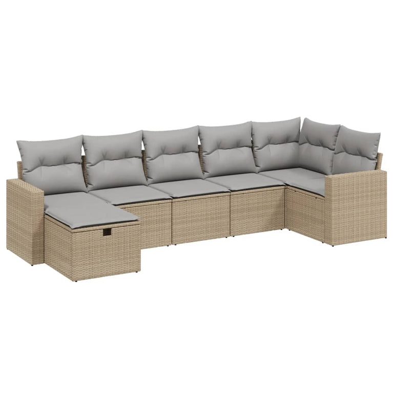 7-delige Loungeset met kussens poly rattan gemengd beige