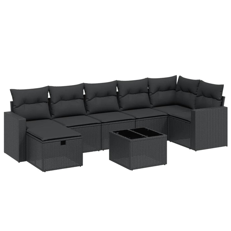 8-delige Loungeset met kussens poly rattan zwart