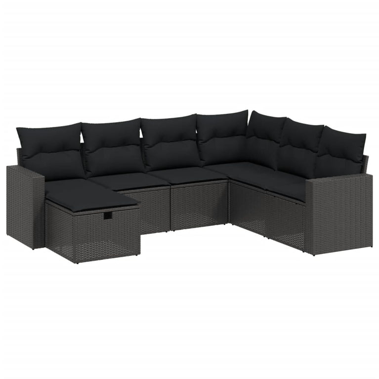 7-delige Loungeset met kussens poly rattan zwart