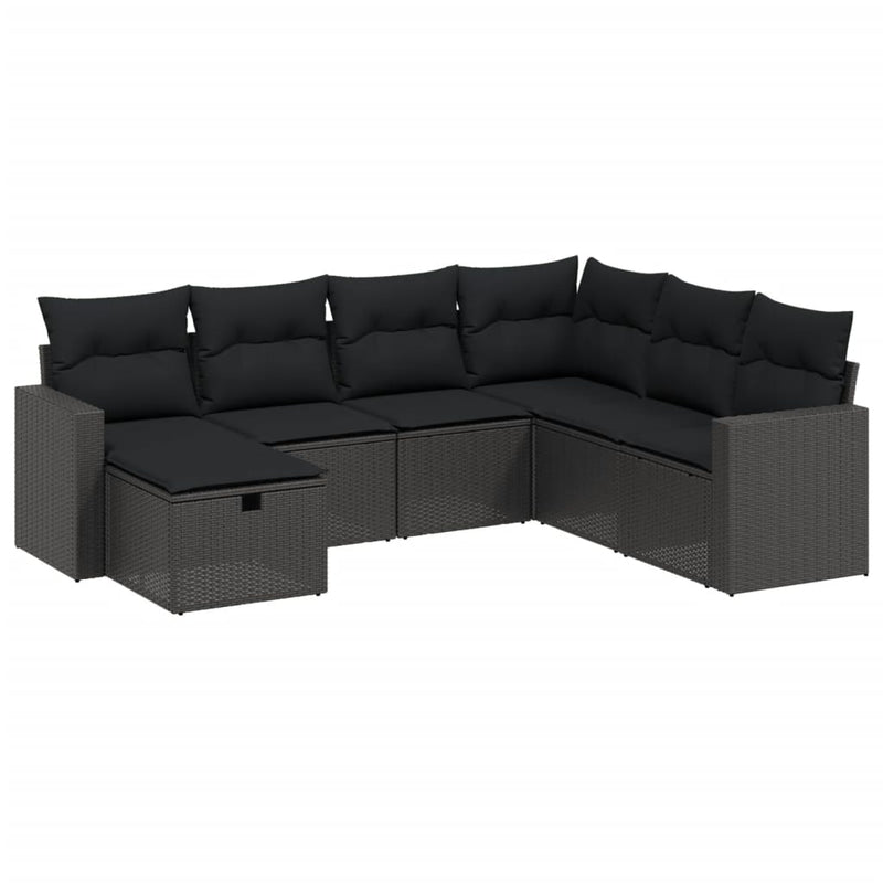 7-delige Loungeset met kussens poly rattan zwart