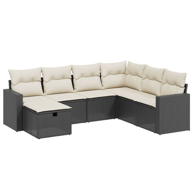 7-delige Loungeset met kussens poly rattan zwart