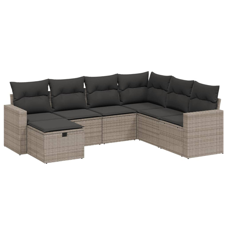 7-delige Loungeset met kussens poly rattan grijs