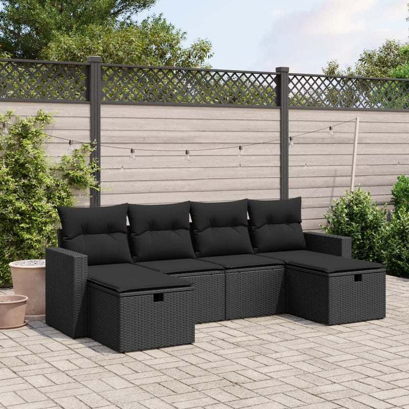 6-delige Loungeset met kussens poly rattan zwart
