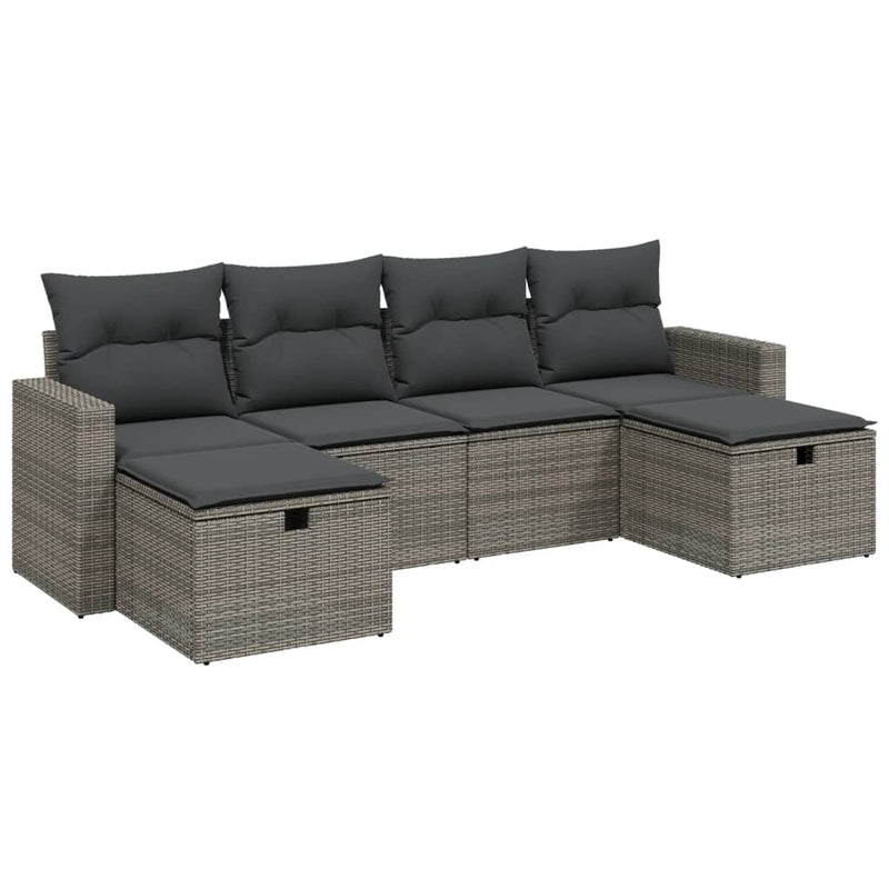 6-delige Loungeset met kussens poly rattan grijs