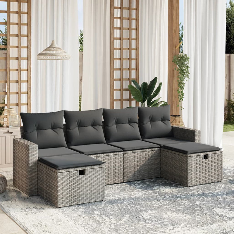 6-delige Loungeset met kussens poly rattan grijs