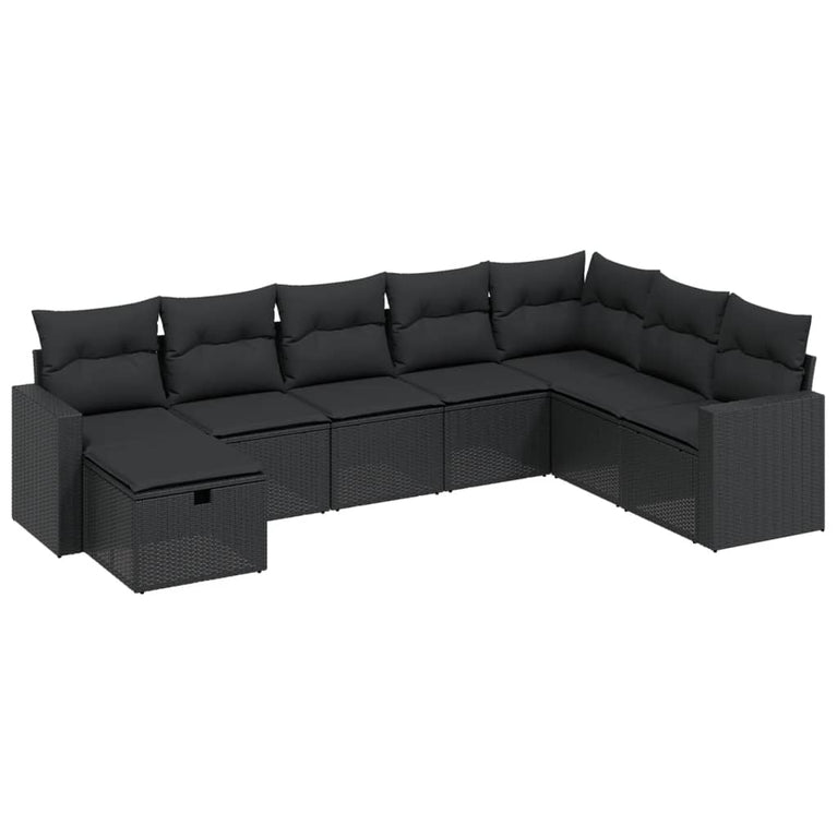 8-delige Loungeset met kussens poly rattan zwart
