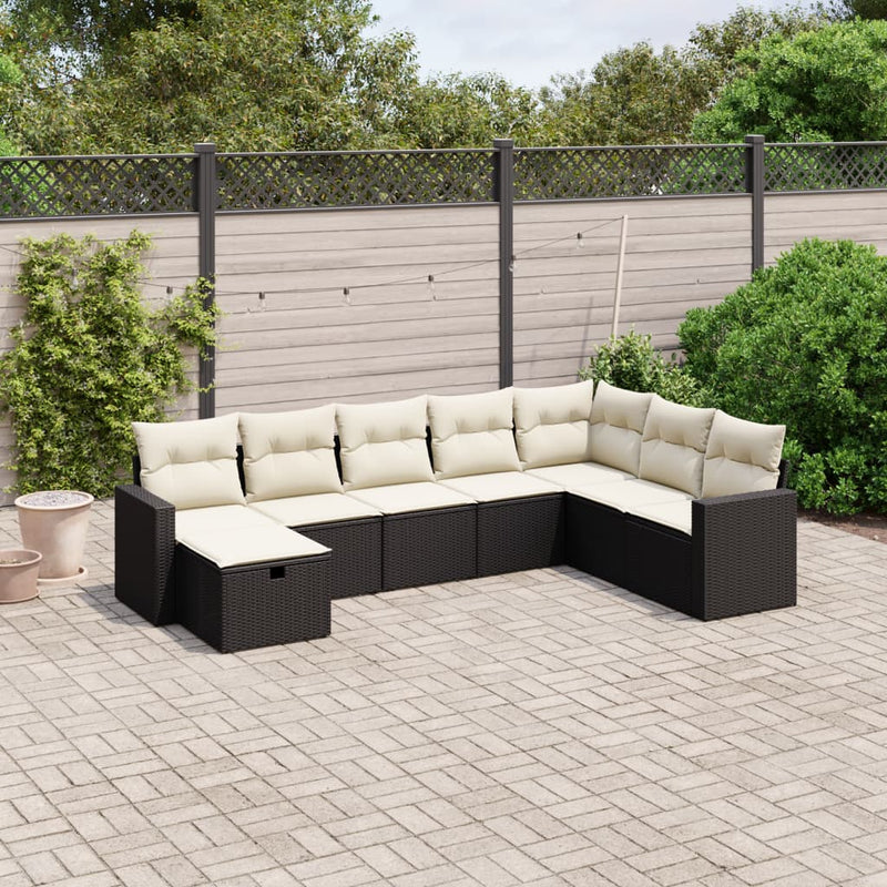 8-delige Loungeset met kussens poly rattan zwart